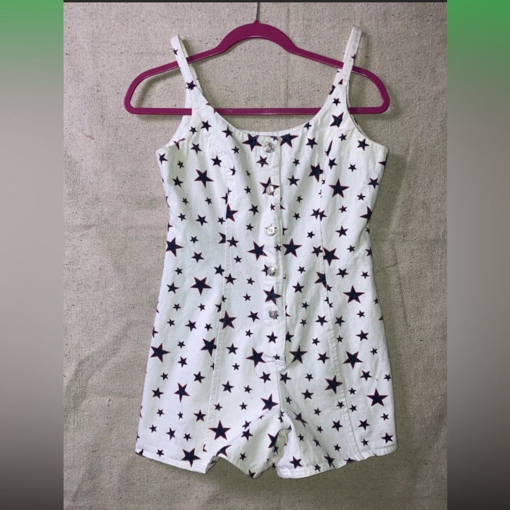 Vintage 90s Y2K Star Print Denim Jean Overall Romper Wide Leg Shortsall Womens S